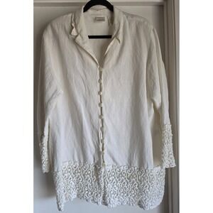 Apart Blouse Women 2X White Linen Long Sleeve Collared Casual Top Shirt Boho